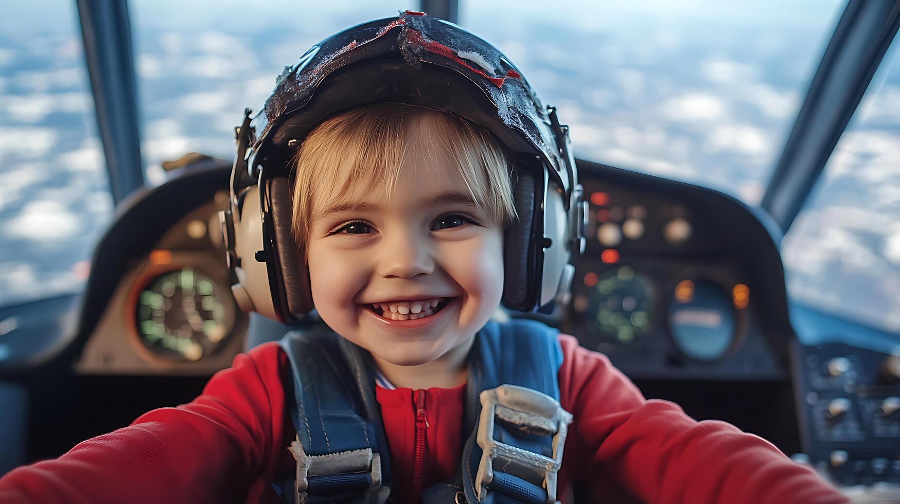 A young cheerful boy is dressed up as a pilot smiling and enjoying the view from inside an aircraft cockpit during a flight photo