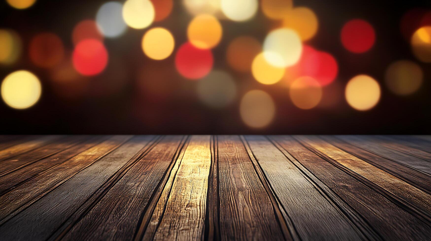Warm wooden surface with blurred lights for showcasing products graphics or adding festive elements to presentations or websites photo