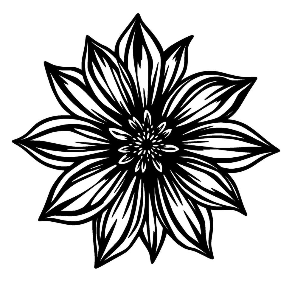 bold black and white floral illustration a symmetrical, style depiction of a stylized flower with multiple petals and a detailed center. vector