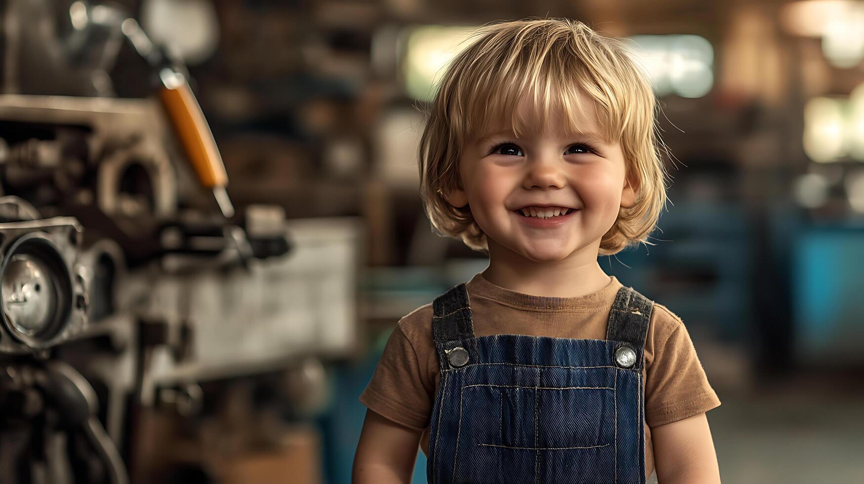 A cheerful toddler in overalls smiles in a workshop showcasing youthful curiosity in an industrial setting looking ahead with hope photo