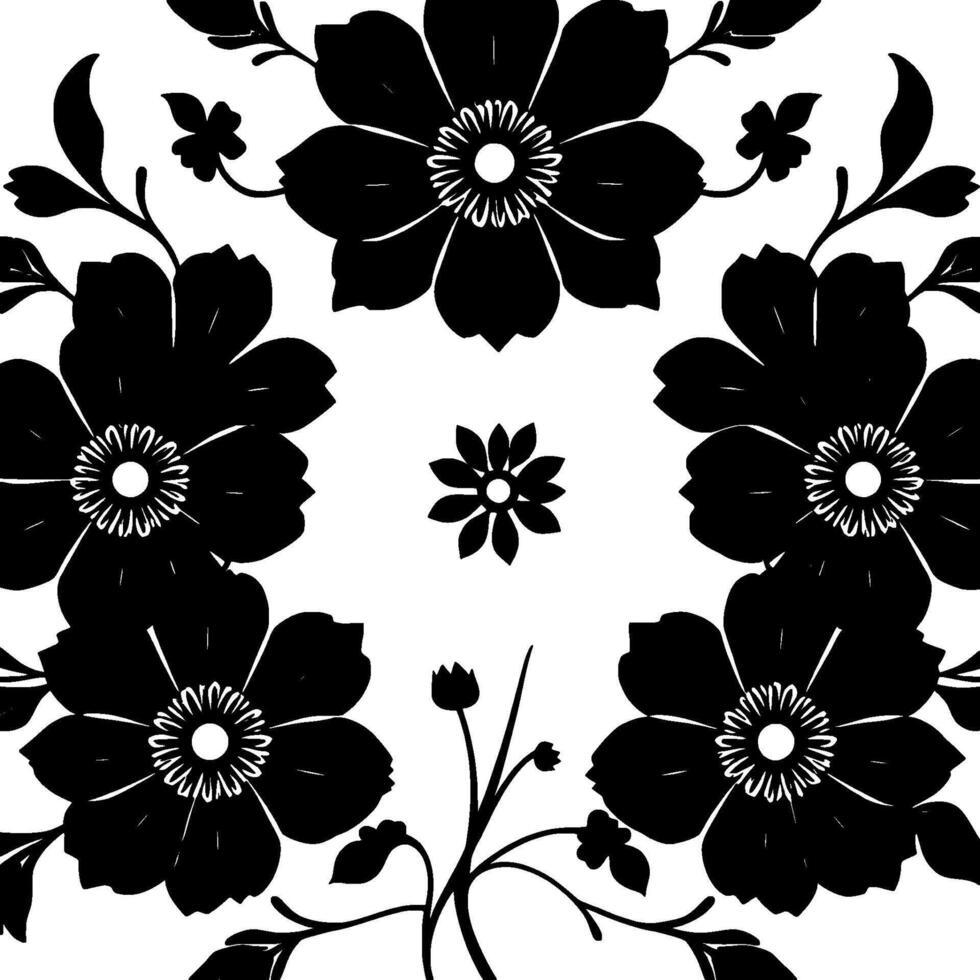 symmetrical black floral pattern with large petaled blossoms, leaves, and budding stems on white backdrop. vector
