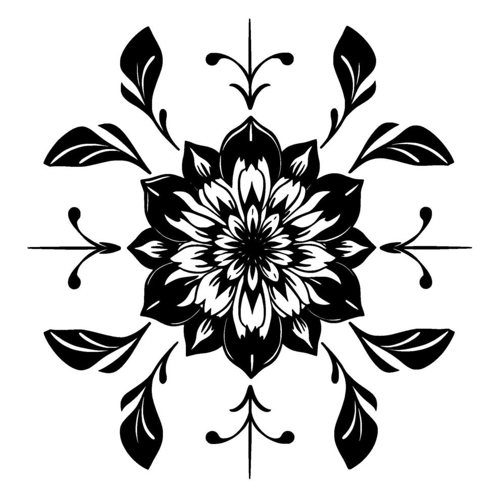 intricate black and white floral mandala with leaf embellishments and symmetrical , illustration on white background. vector