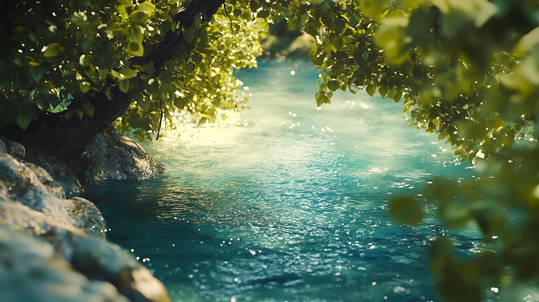 Tranquil waters under the shade of lush green trees sunlight sparkles on the gentle flow Peaceful nature scene by the river photo