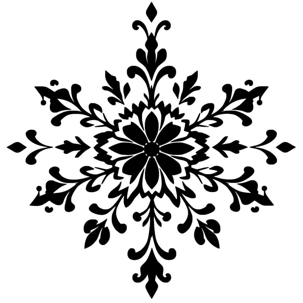symmetrical black floral snowflake with curlicues, leaves, and a central flower, isolated on white background. vector