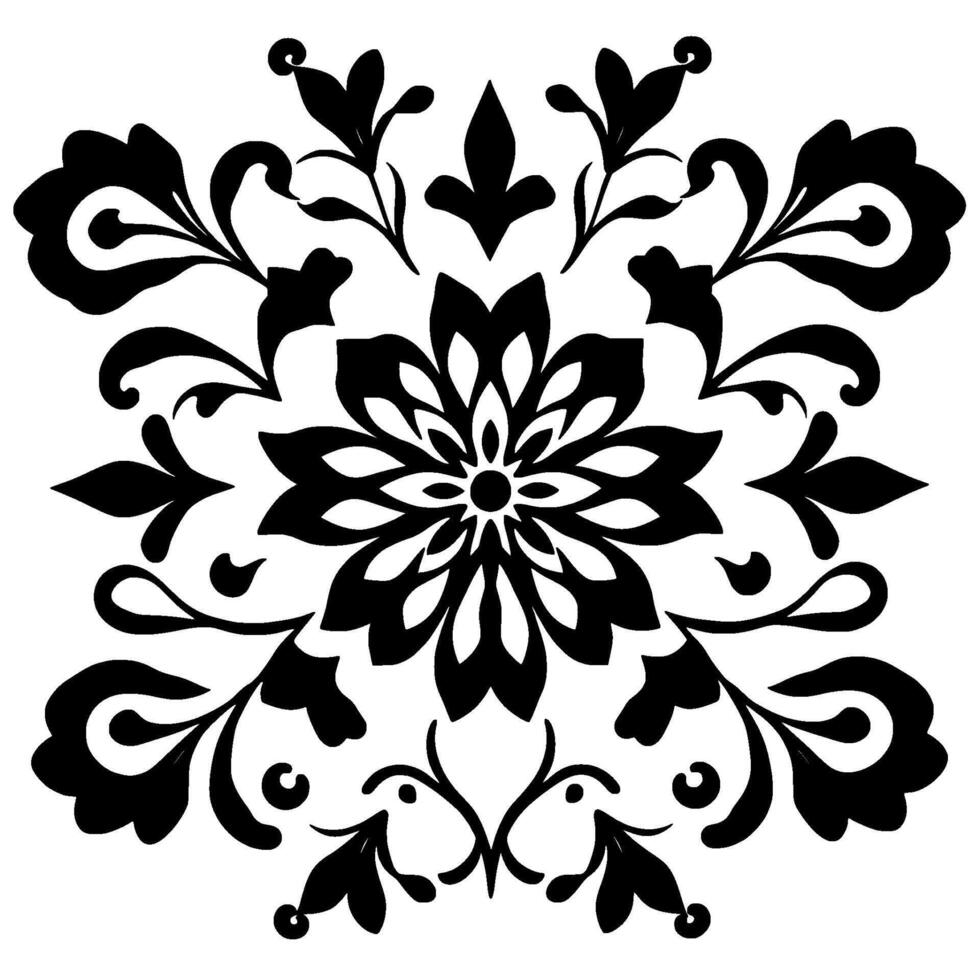 symmetrical black and white floral pattern with detailed petals, leaves, and swirls on a square background. vector