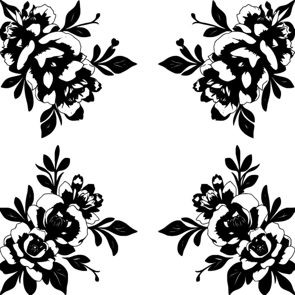 black and white floral corner with peonies, leaves, and a patterned composition on white background. vector