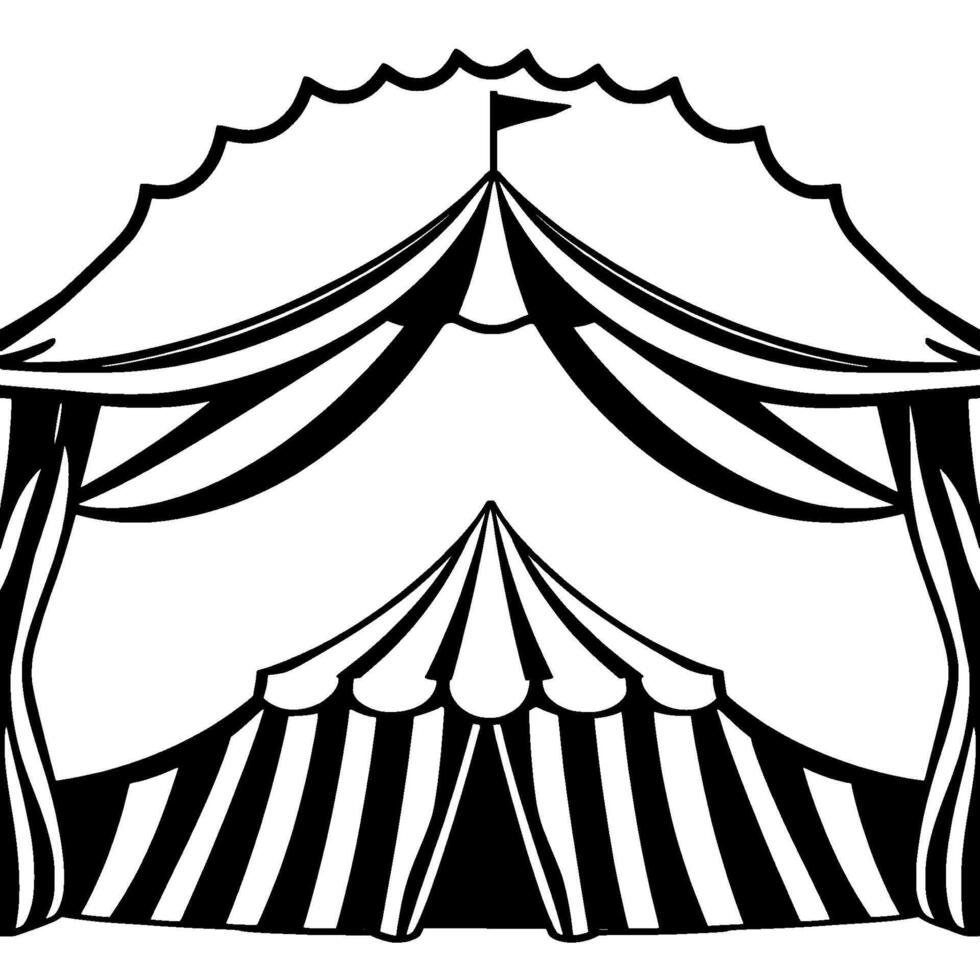 vintagestyle black and white circus tent with scalloped edges, striped lower tent, and small flag. vector