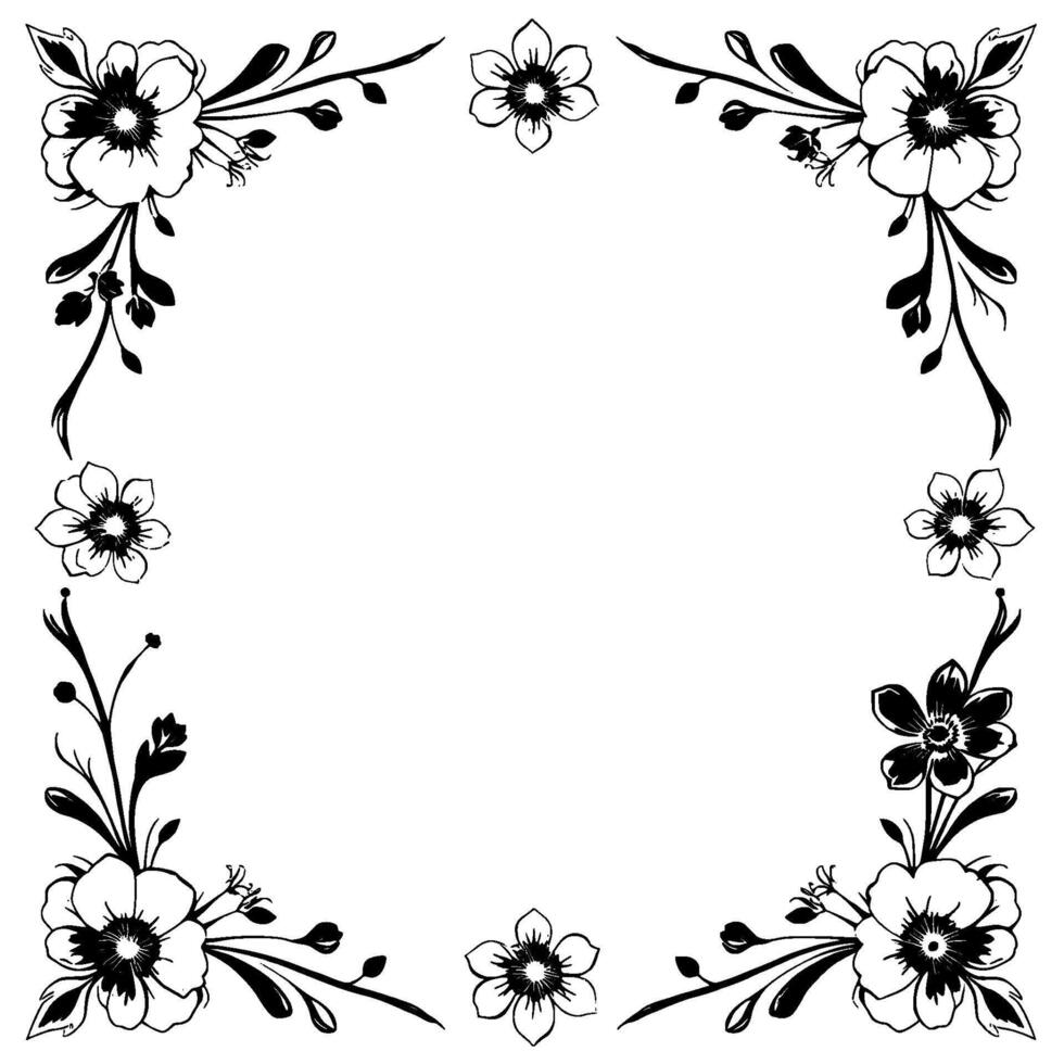 elegant floral frame border in black and white, featuring detailed flowers and leaves, perfect for invitations and artistic projects. vector