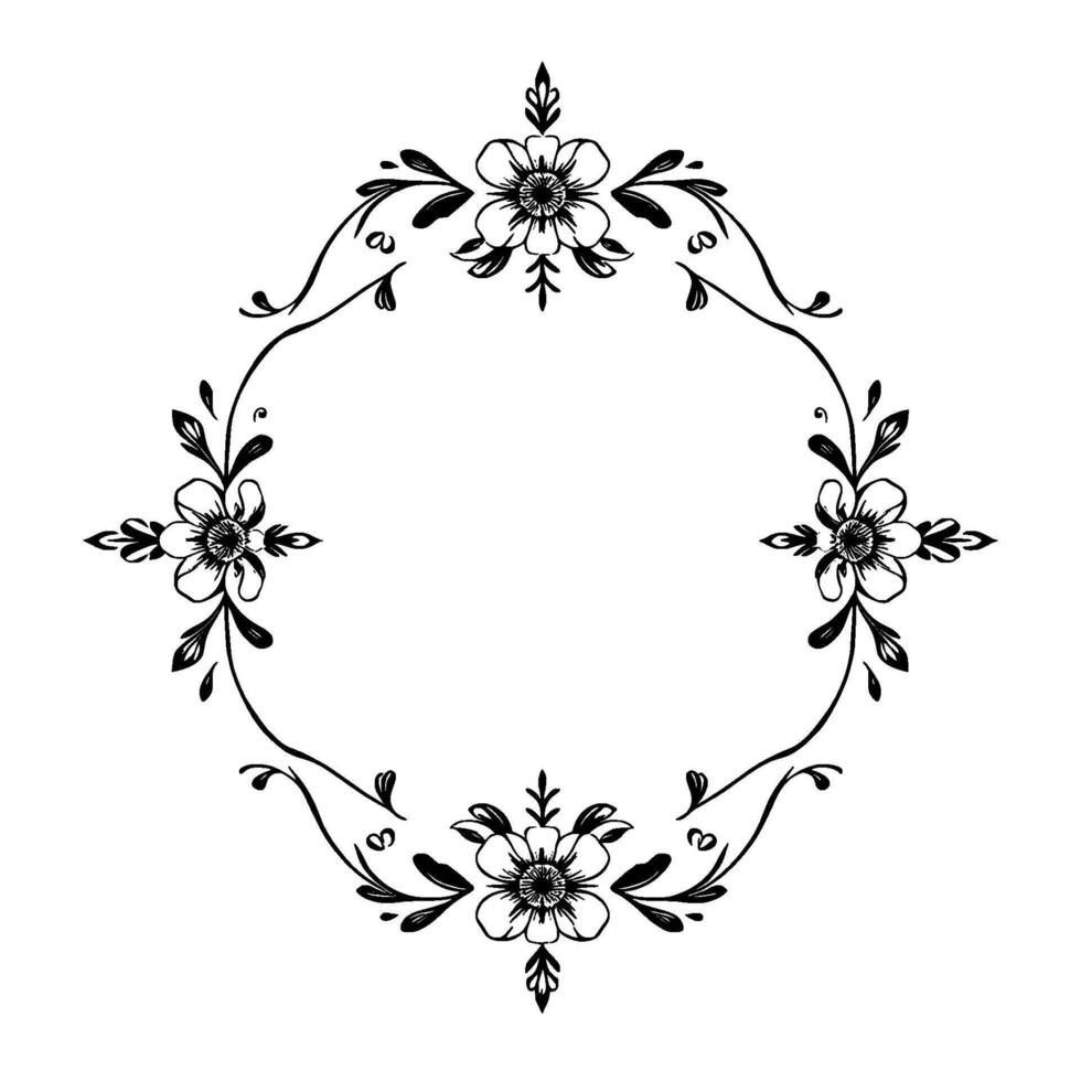 an elegant black ink floral frame, symmetrically designed with stylized flowers, leaves and delicate curves, creating a decorative border. vector