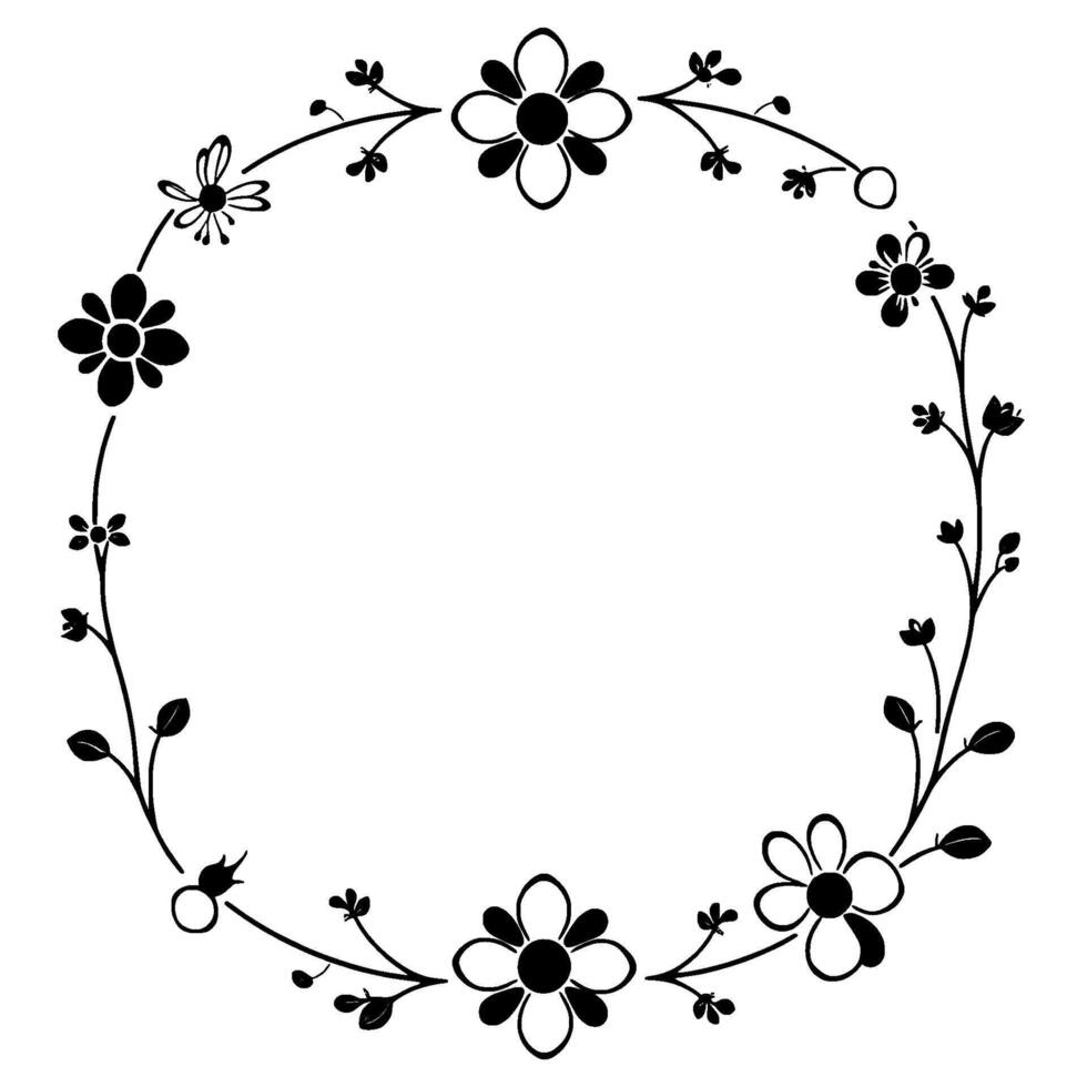 elegant black and white floral wreath delicate botanical frame with detailed flower and leaf embellishments, perfect for invitations. vector
