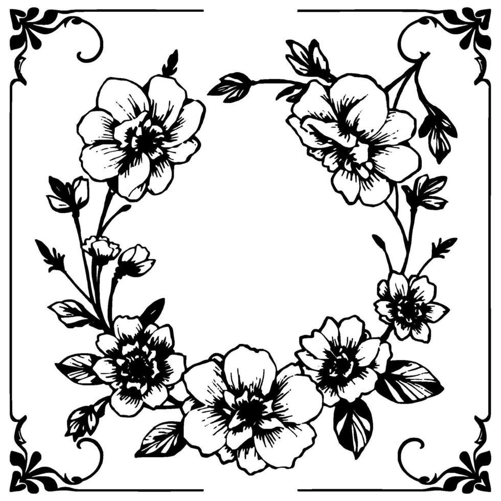 elegant black and white floral wreath with ornate border, featuring detailed petals and delicate leaf sprigs, perfect for . vector