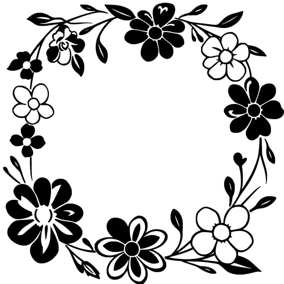 black and white floral wreath , circular arrangement, minimalist botanical illustration with leaves and blossoms for decorative purposes. vector