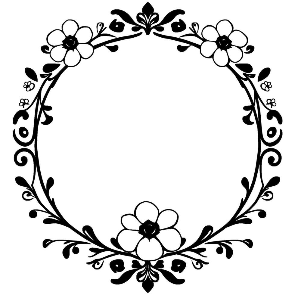 ornate black and white floral wreath a symmetrical, circular featuring flowers, leaves, and intricate swirls. vector