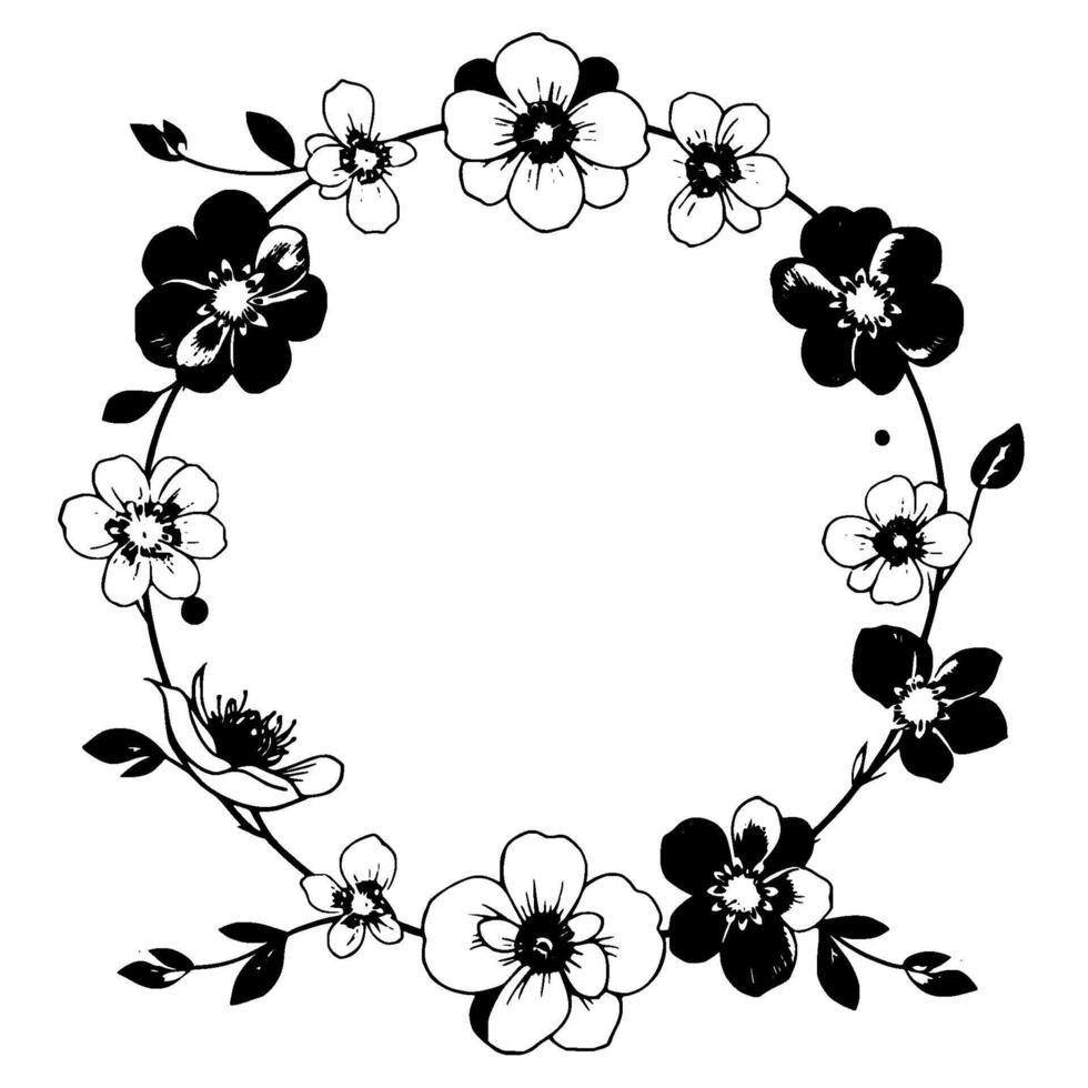 intricate black and white floral wreath with varied flower blossoms, leaves and empty center space for or text on white background. vector