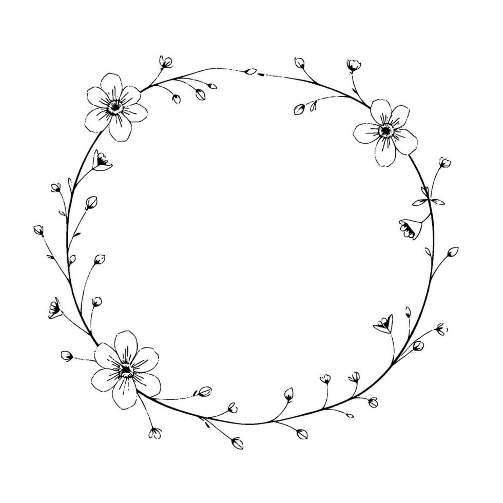delicate floral wreath handdrawn black and white illustration of a circular frame with stylized cherry blossom flowers and buds, simple yet elegant. vector