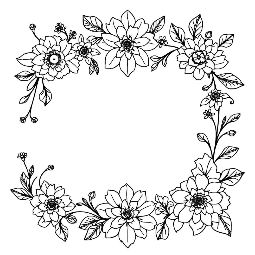 delicate floral wreath illustration black and white line art of dahlia and other flower varieties arranged in a circular frame with leaves and buds. vector
