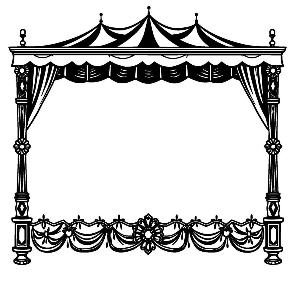 ornate black and white canopy frame with swag decoration, flowers, curtains, and topped with tentlike structure. vector