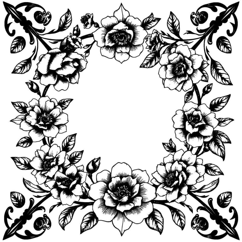 detailed black and white floral border with roses, leaves, and ornamental flourishes, forming a circular frame on a white background. vector