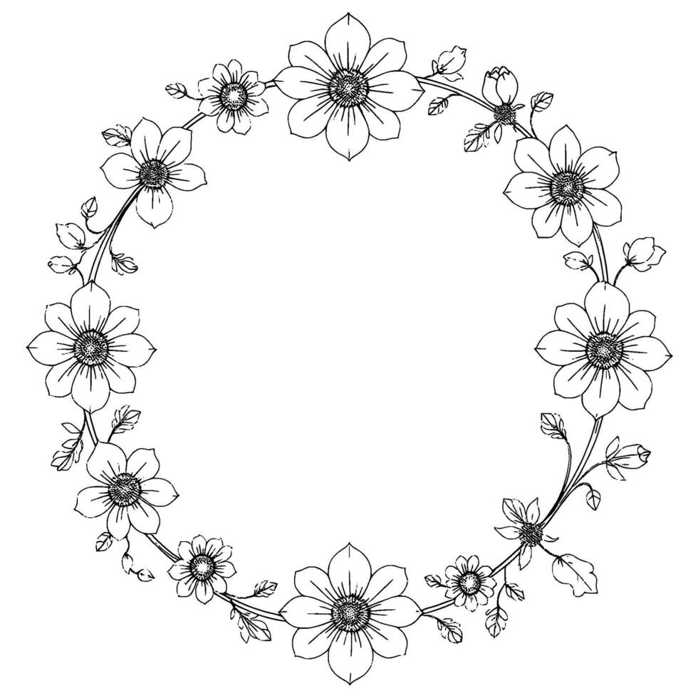 intricate line art floral wreath with various sized flowers and foliage, a delicate circle frame. vector