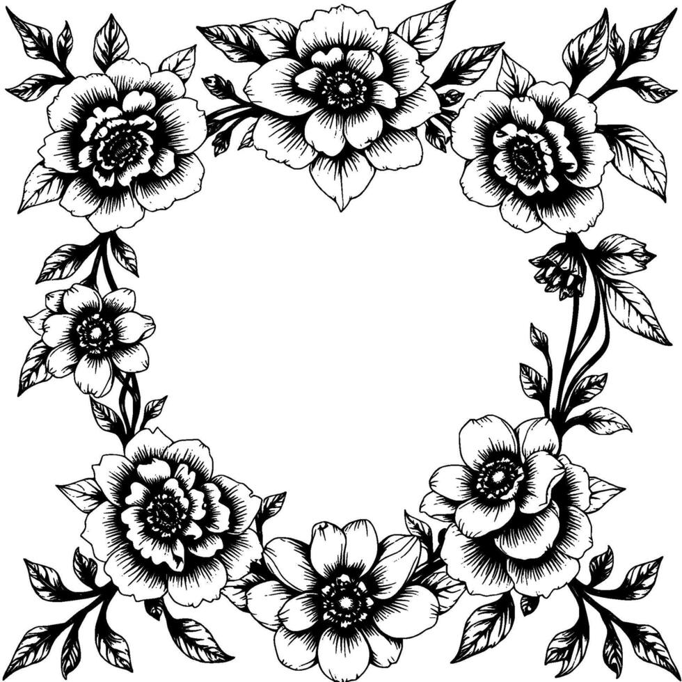 intricate black and white floral wreath illustration with detailed line art, elegant botanical , and open center. vector