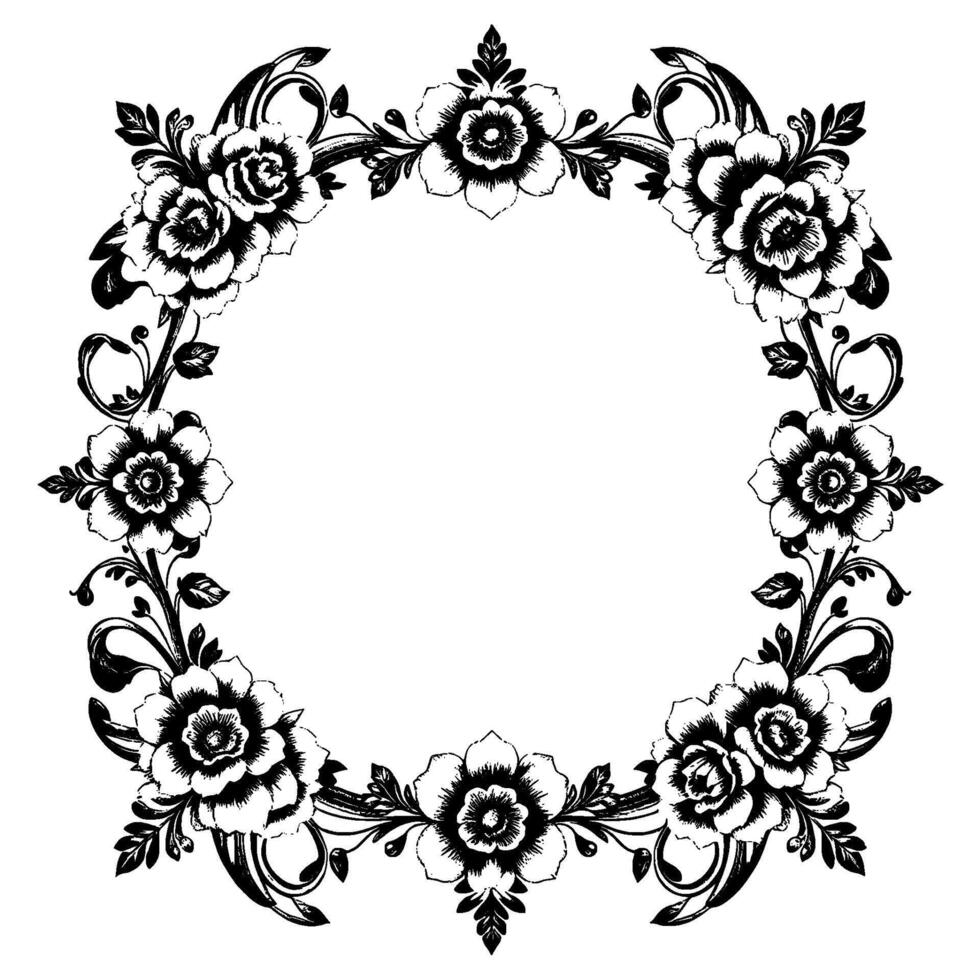 intricate black and white floral wreath illustration with detailed shading and decorative elements, isolated on white. vector