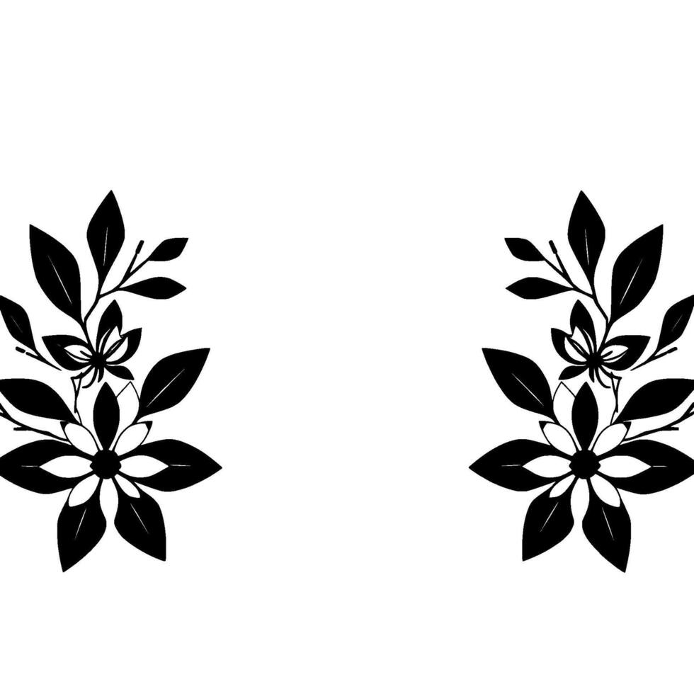 symmetric black and white floral featuring stylized blossoms and leaves, arranged in a balanced composition. vector