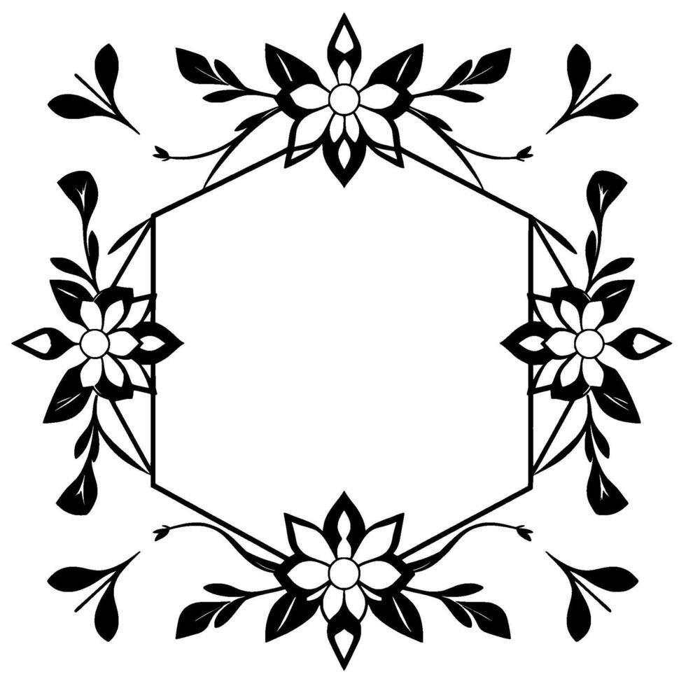 floral hexagon frame black and white symmetrical featuring stylized flowers and leaves, suitable for invitations and elements. vector