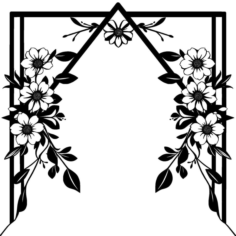 black and white floral arch with stylized daisies and leaves, creating a symmetrical and elegant frame . vector