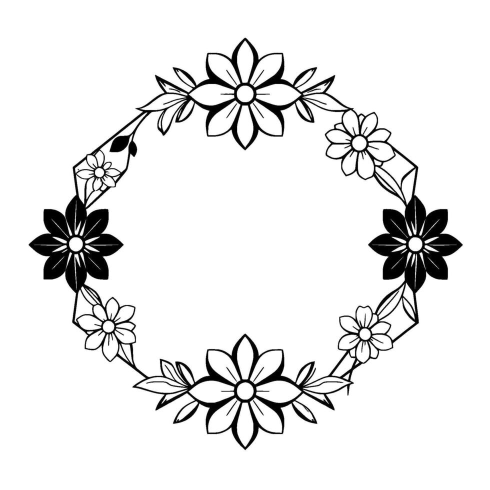 elegant, symmetrical floral frame in black and white, featuring a decorative border of detailed flower and leaf illustrations. vector
