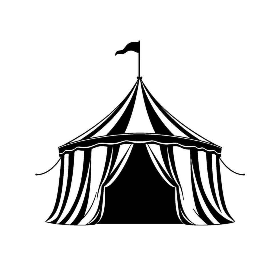 a monochromatic circus tent illustration showcasing its striped canvas, open entrance, and a flag atop, against a clean white backdrop. vector
