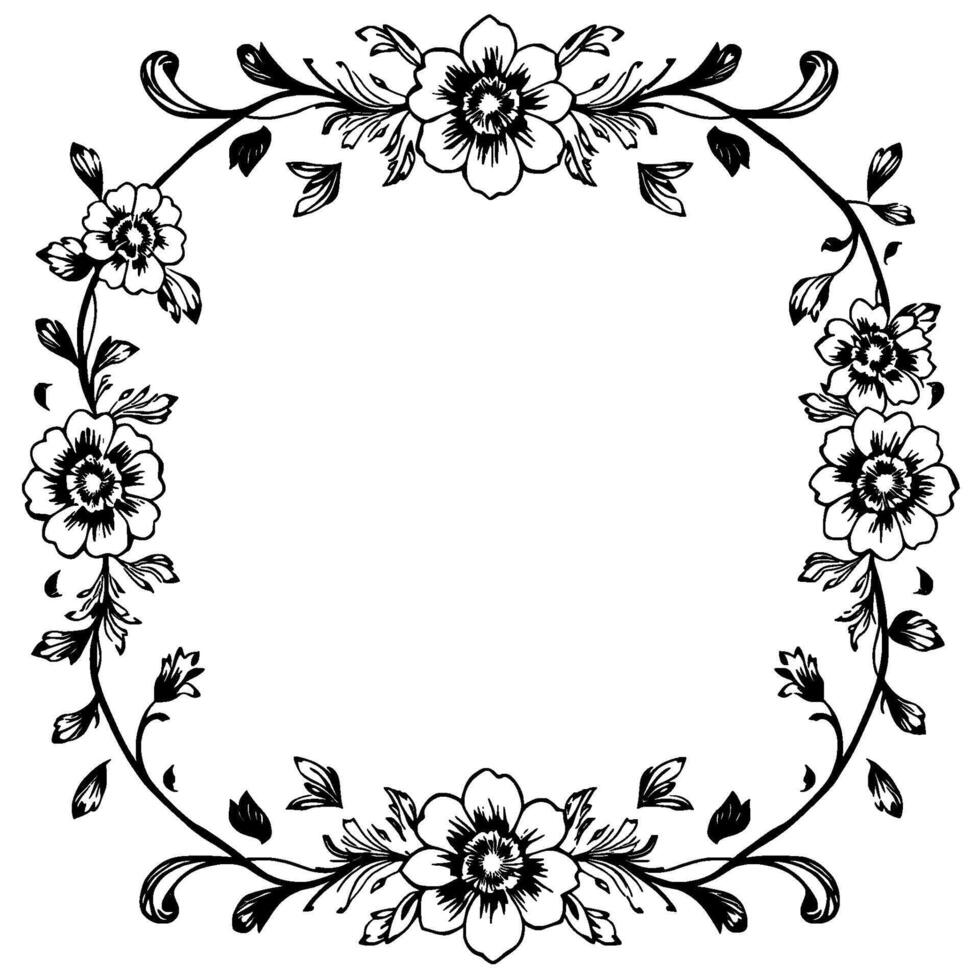 elegant black and white floral oval frame with intricate line art and detailed botanical elements on a white background. vector