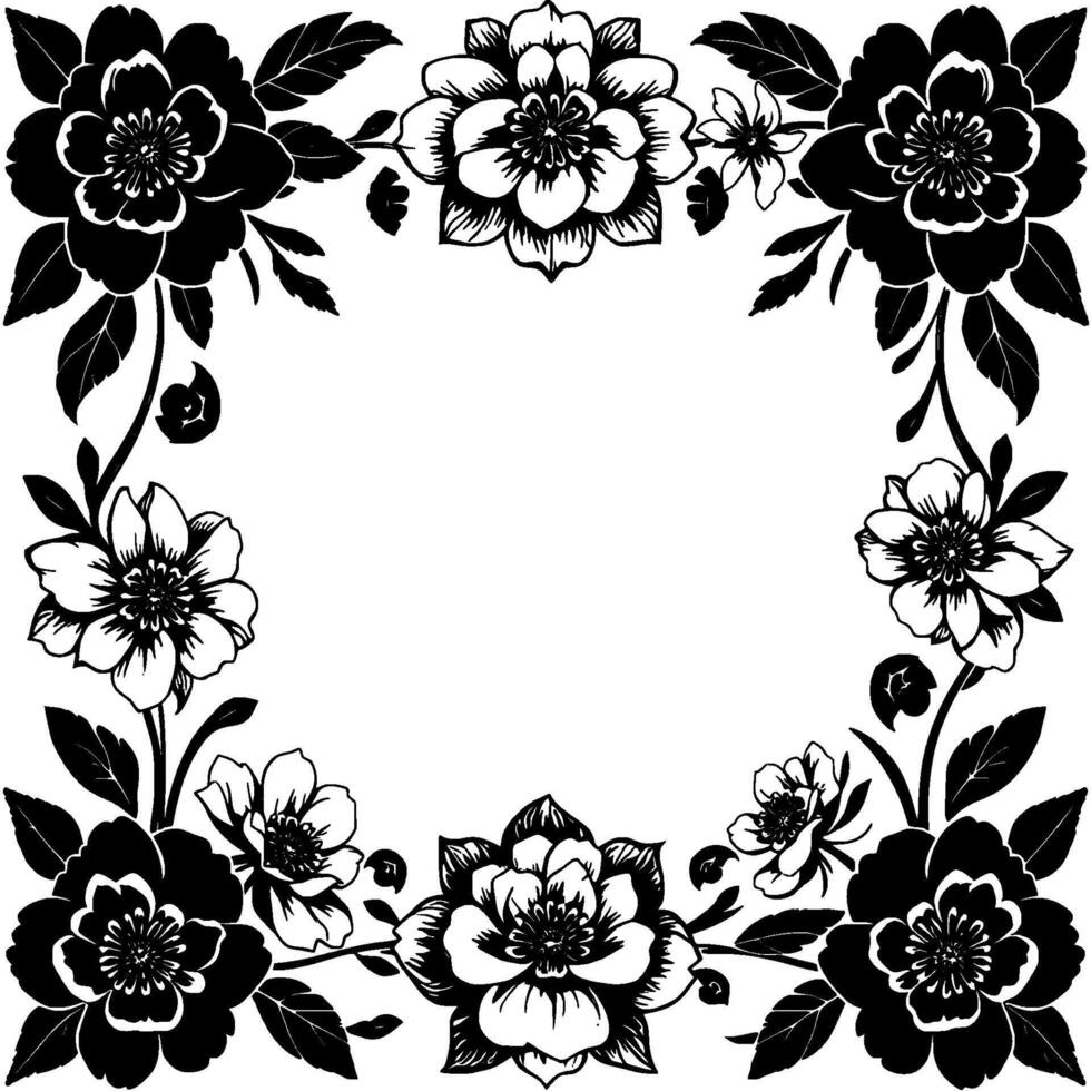 elegant black and white floral border composition with various bloom styles, leaves, and curving vines, creating a decorative frame. vector