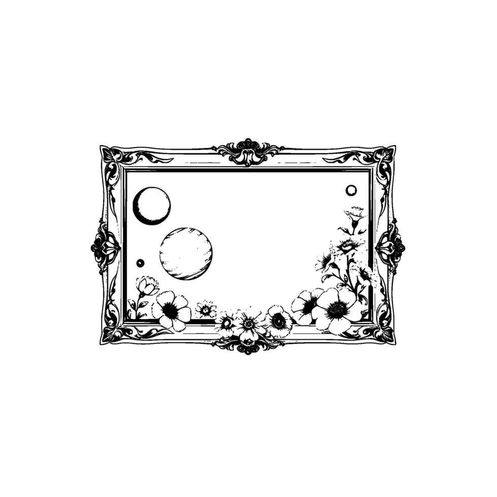 a pen and ink illustration celestial bodies and floral embellishments within an ornate frame, set against a white background. vector