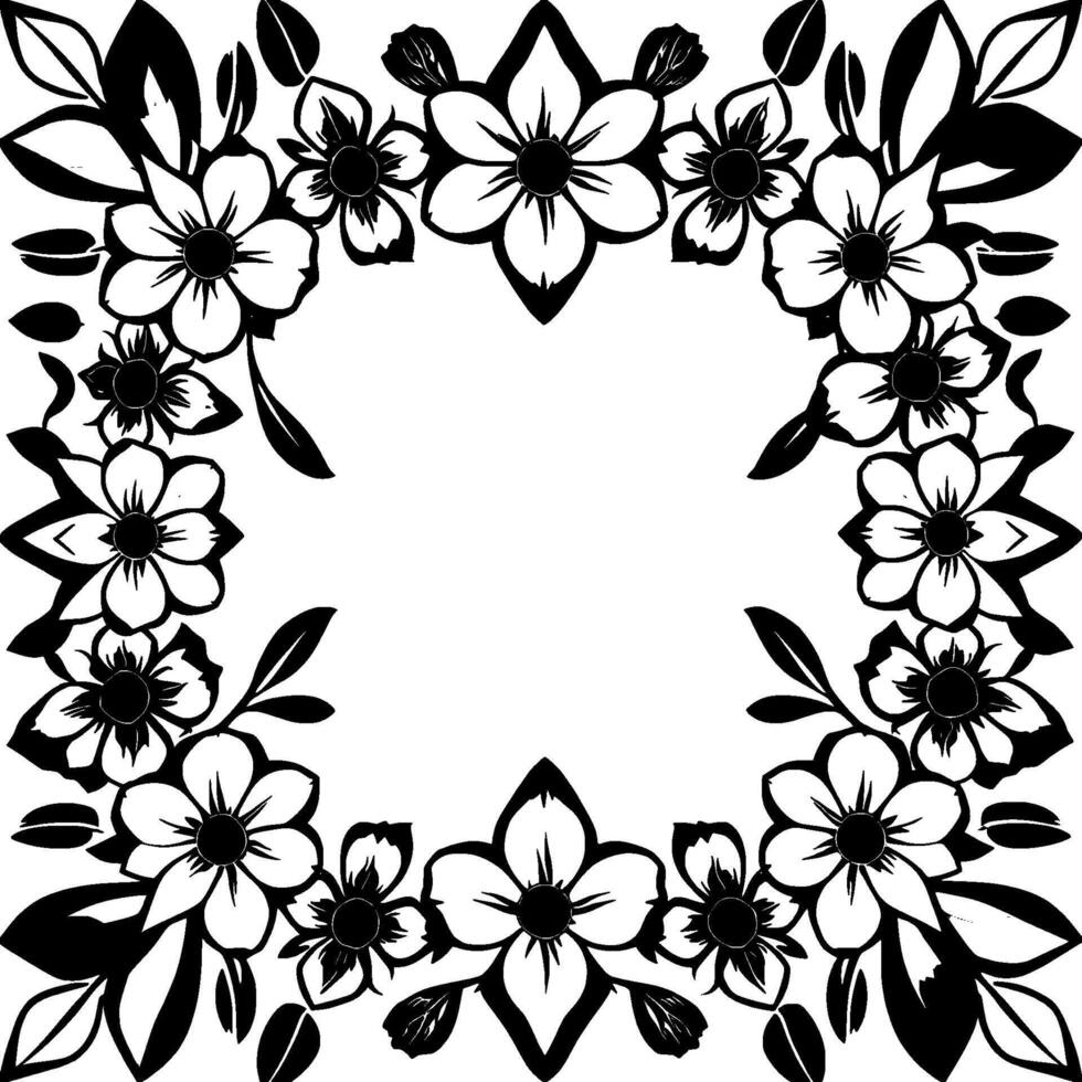 black and white floral frame featuring stylized flowers and leaves, symmetrical layout. vector