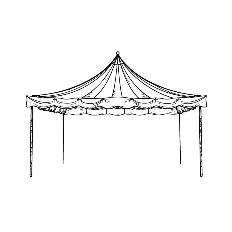 handdrawn illustration of a classic circus tent or gazebo, featuring a peaked roof and scalloped valance, isolated on white. vector