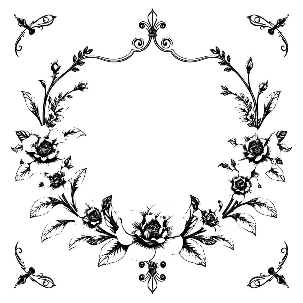 intricate black and white floral frame with detailed petals, leaves, and decorative flourishes, perfect for invitations and designs. vector