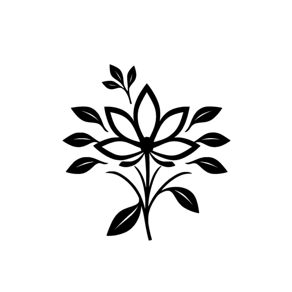 a symmetrical, minimalist black and white floral emblem, featuring a stylized flower bloom and surrounding leaves, set against a plain white background. vector