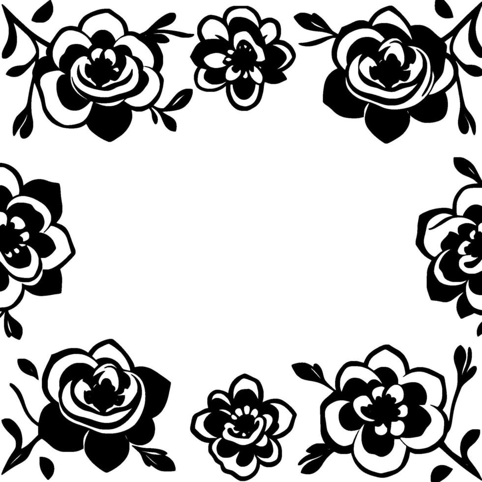 monochromatic floral frame, showcasing stylized black and white blooms and foliage, framing empty space. vector