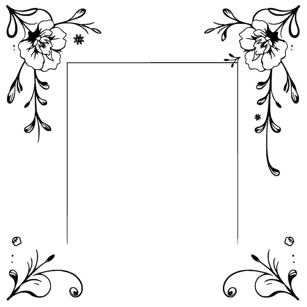 elegant black and white floral frame with blossoms, leaves, and a central square for text or imagery. vector