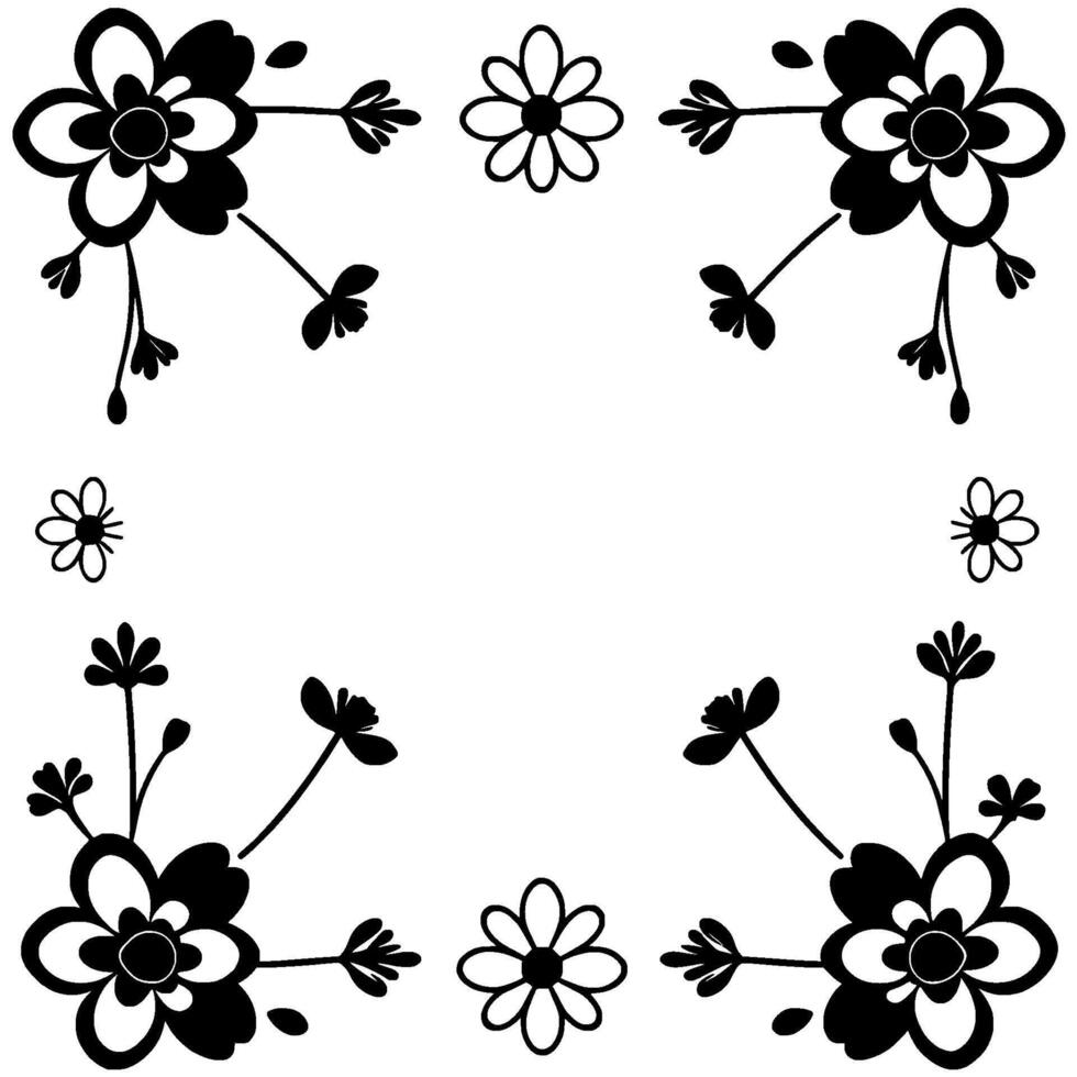 black and white floral frame simple, stylized floral illustration with large corner flowers and smaller accents creating a symmetric border. vector