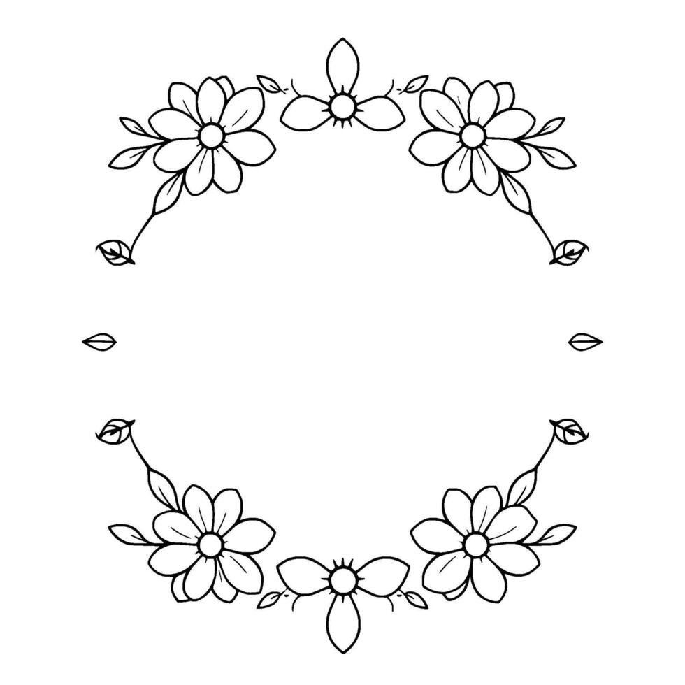 elegant black and white floral wreath delicate daisy and petal on a white background, botanical illustration. vector