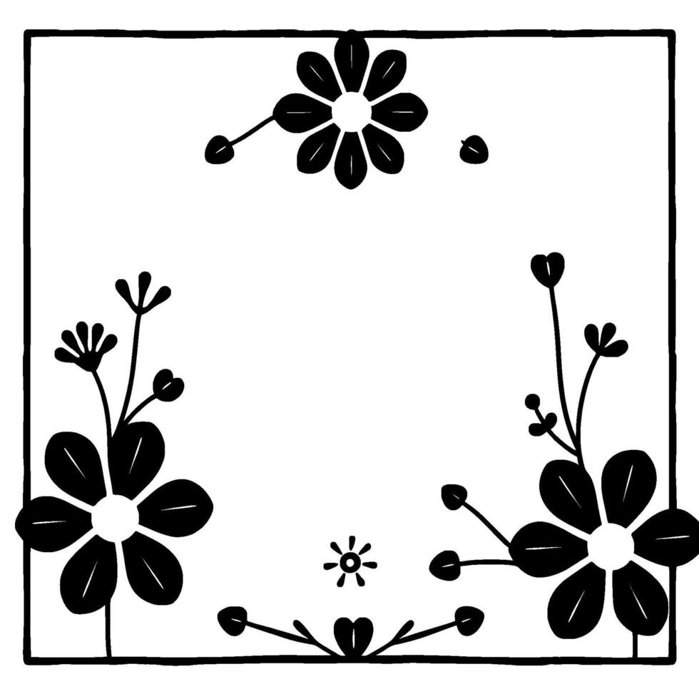 black and white floral border with simple botanical elements, framed composition. vector