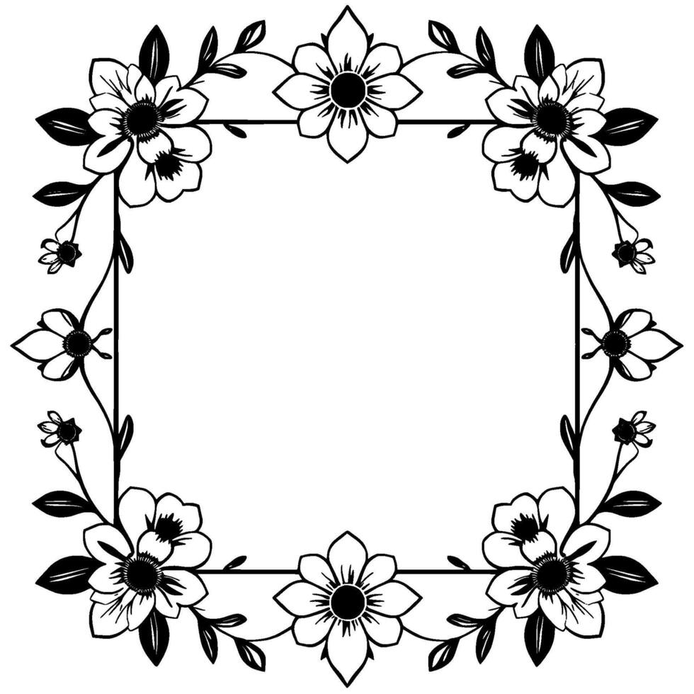 elegant black and white floral square frame featuring flowers, leaves, and delicate vines with a blank center. vector