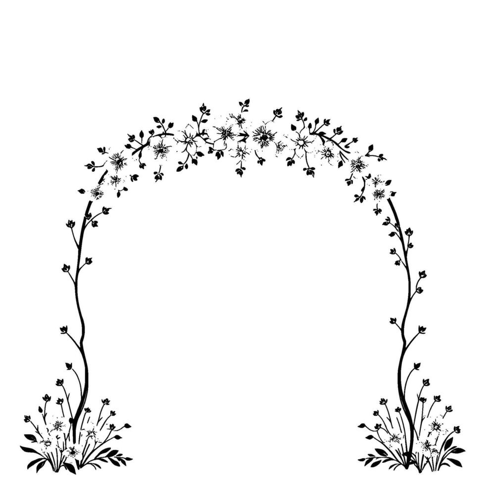 delicate floral archway illustration in minimalist black ink, showcasing blossoms, stems, and leaves in a graceful arc. vector