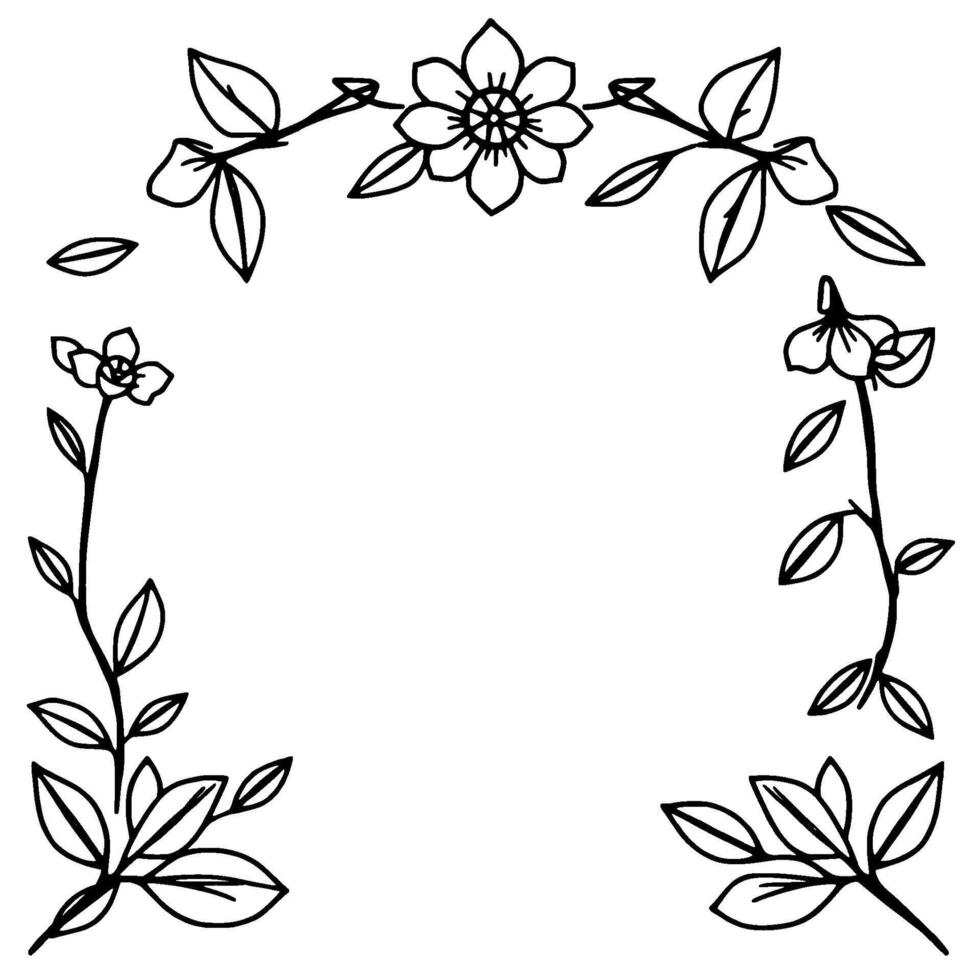 a delicate botanical illustration of a floral arch, crafted with minimalist black line art and leaf details against a pristine white background. vector