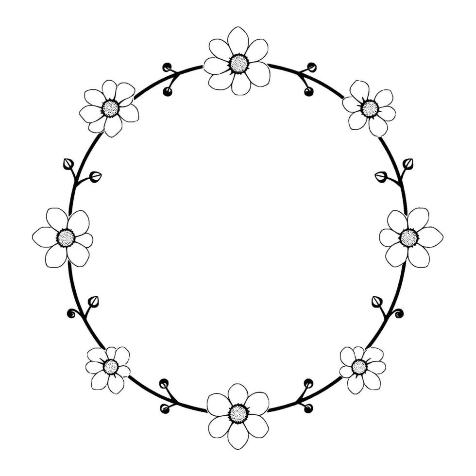 minimalist floral wreath circular black outline of flowers buds, simple decorative element on white. vector