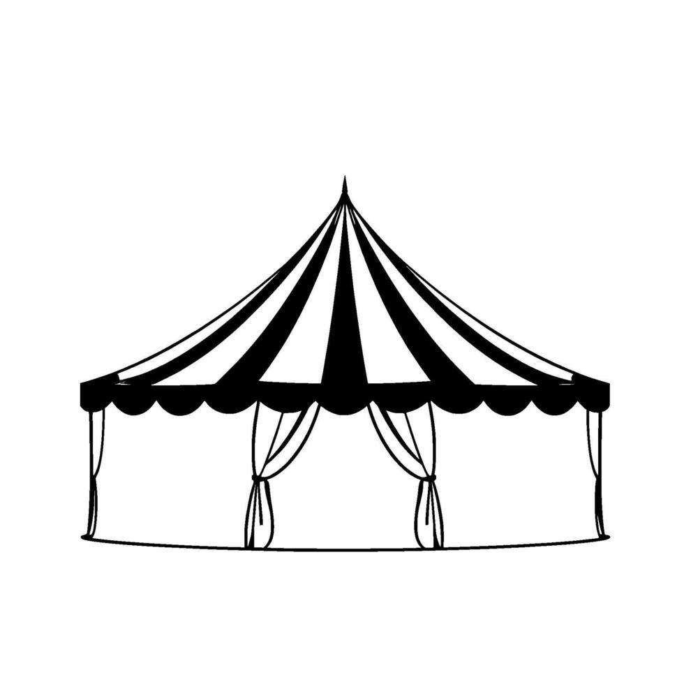minimalist black and white circus tent illustration a symmetrical, striped marquee , with stylized curtains, on a white background. vector