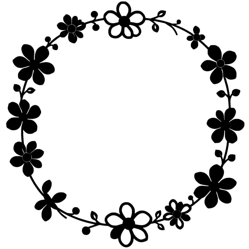circular black floral frame on white background minimalist with daisies, vines, and berries for decorative purposes. vector