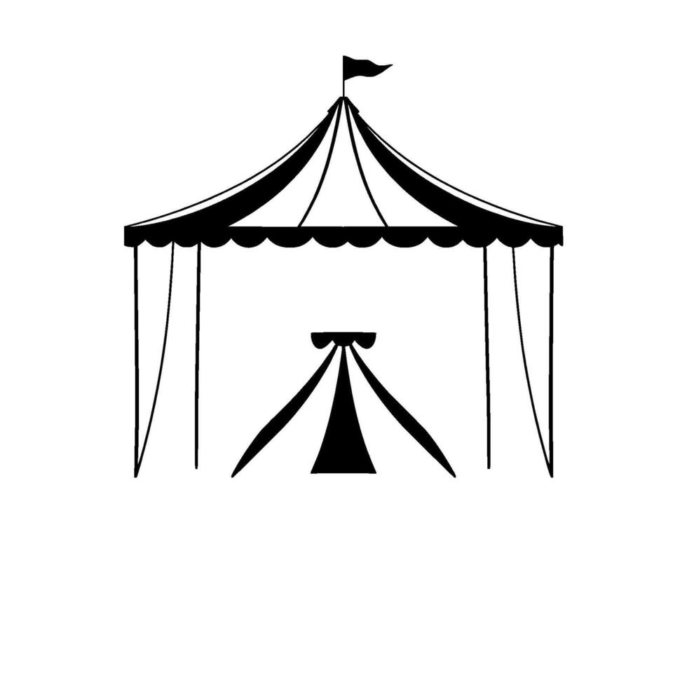a minimalist black and white illustration of a circus tent, complete with a central supporting structure and a flag. vector
