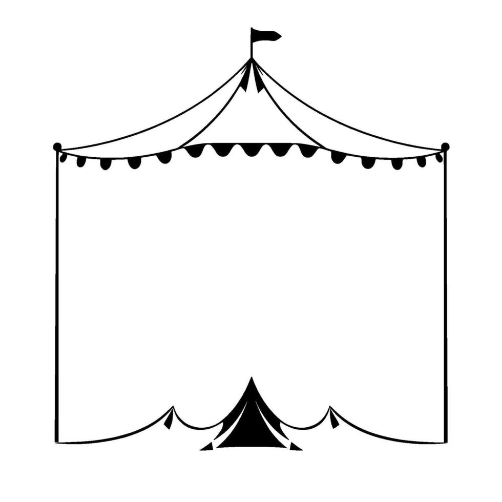 black and white circus tent illustration with a simple , flag on top, and string lights for a decorative element on top. vector